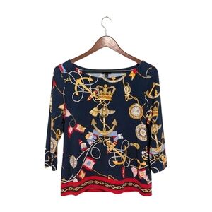 Talbots Stretch Bateau Neck Tee Nautical Crop Sleeve Womens MP Blue Gold